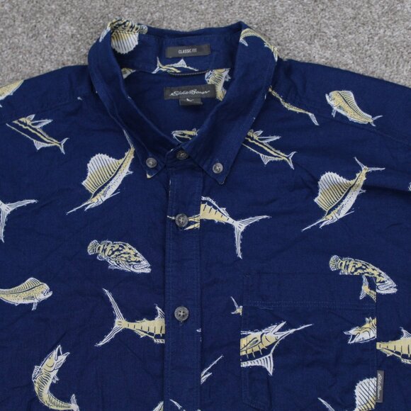 Eddie Bauer Shirt Mens TXL XL-Tall Blue Fish Print Classic Fit S/S Button Down - Picture 6 of 12